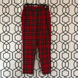 LTT Red Royal Stewart Tartan Plaid High Waisted Tapered Trousers Made in UK Sz 1